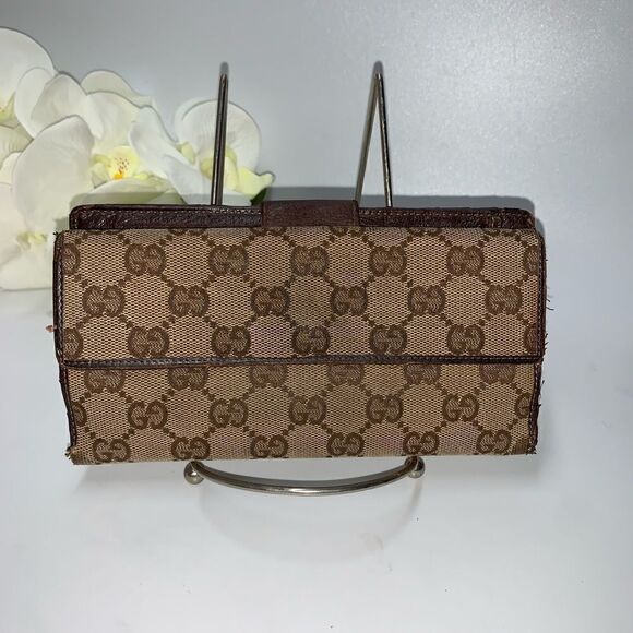 Authentic GUCCI GG Logo Leather Trim Long Wallet - Picture 2 of 10